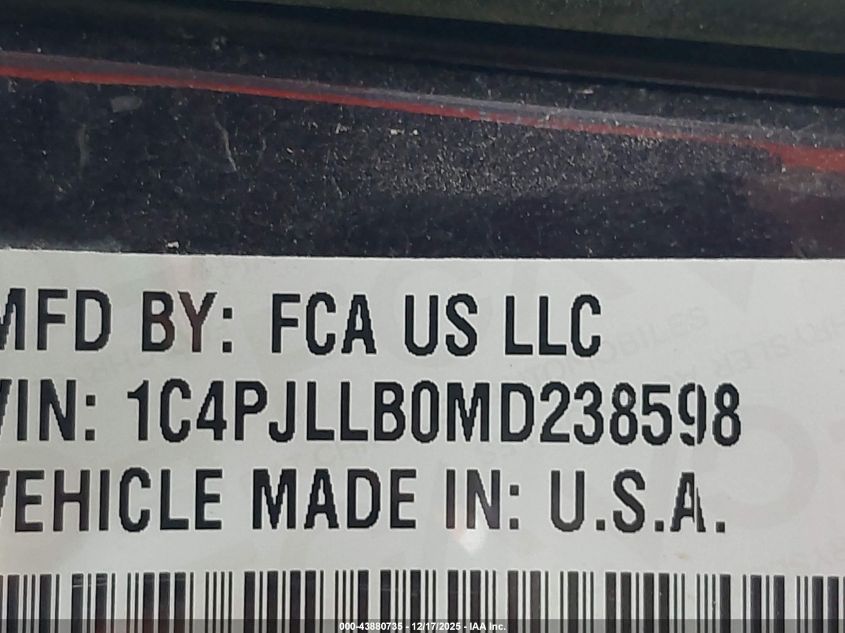 2021 Jeep Cherokee Latitude Plus Fwd VIN: 1C4PJLLB0MD238598 Lot: 43880735