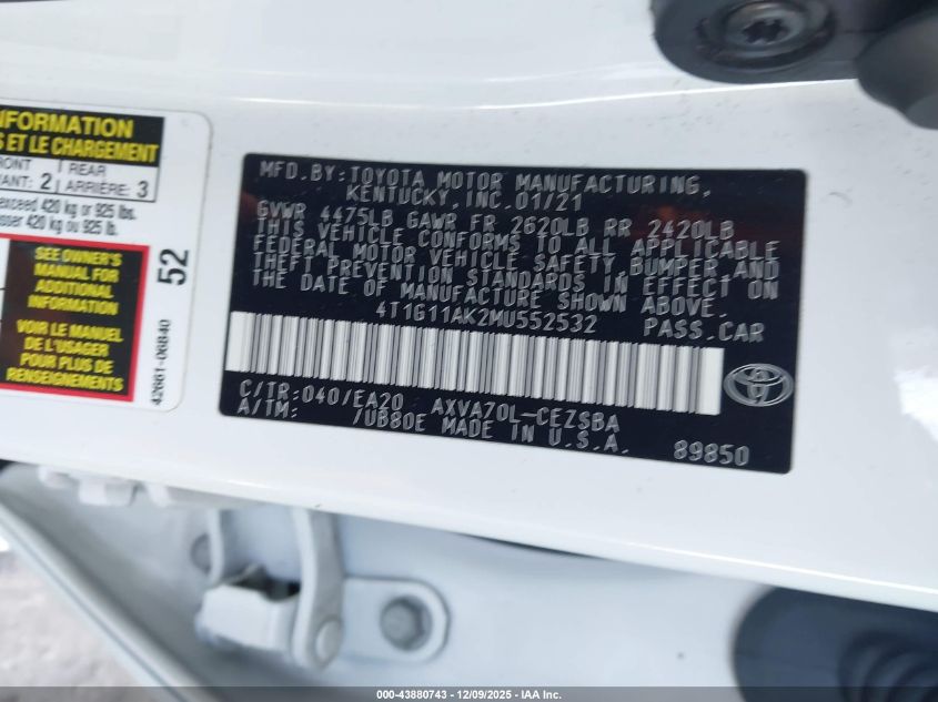 2021 Toyota Camry Se VIN: 4T1G11AK2MU552532 Lot: 43880743