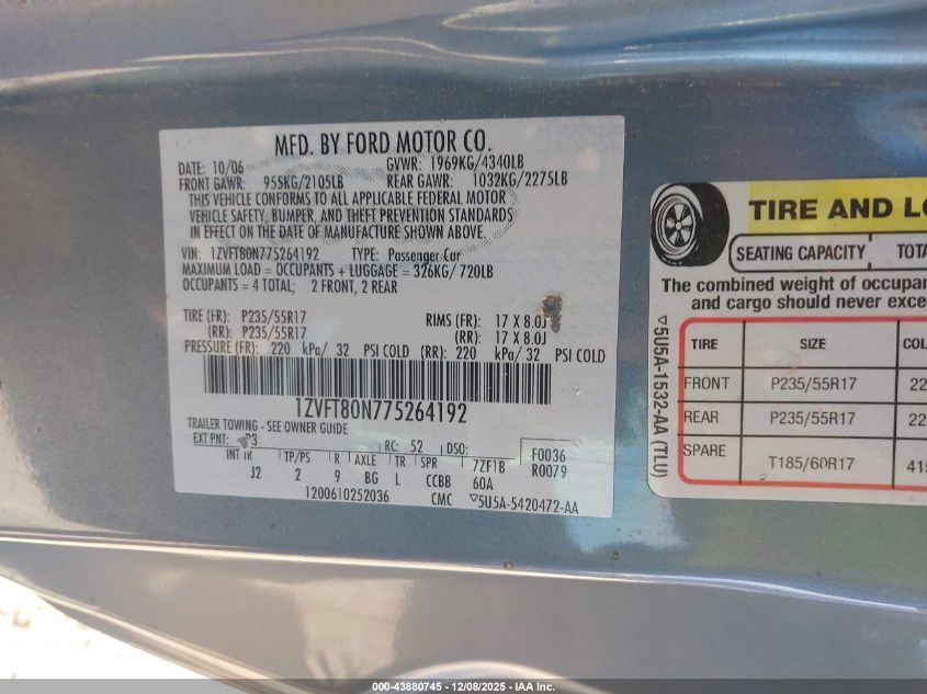 2007 Ford Mustang V6 Deluxe/V6 Premium VIN: 1ZVFT80N775264192 Lot: 43880745