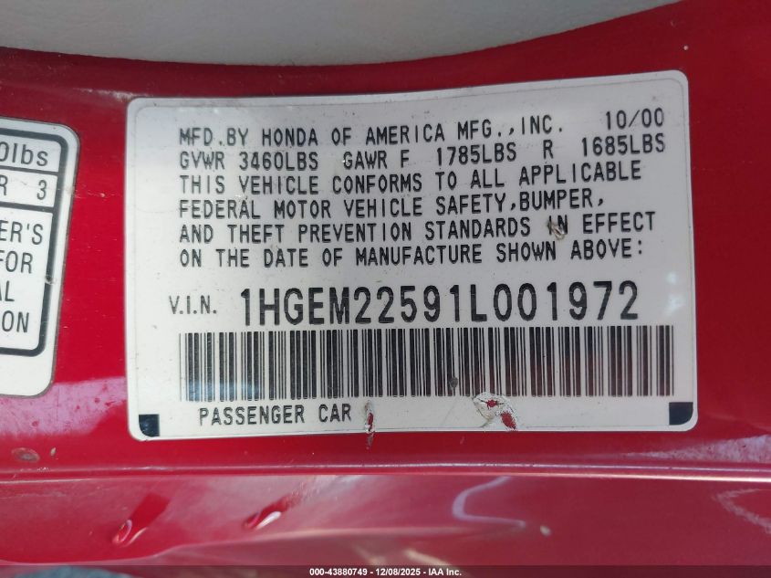 2001 Honda Civic Lx VIN: 1HGEM22591L001972 Lot: 43880749
