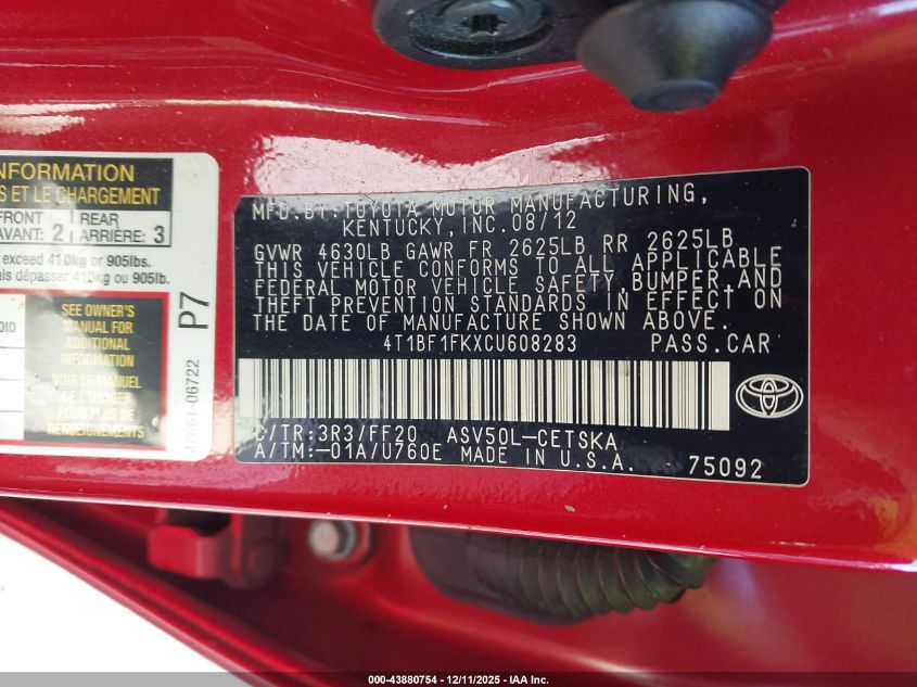 2012 Toyota Camry Se VIN: 4T1BF1FKXCU608283 Lot: 43880754