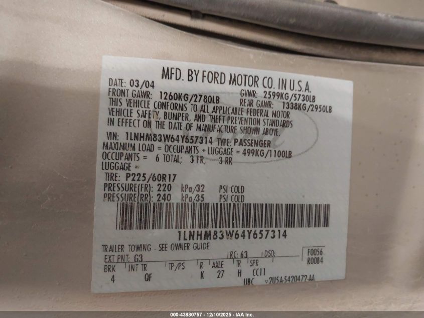 2004 Lincoln Town Car Ultimate VIN: 1LNHM83W64Y657314 Lot: 43880757