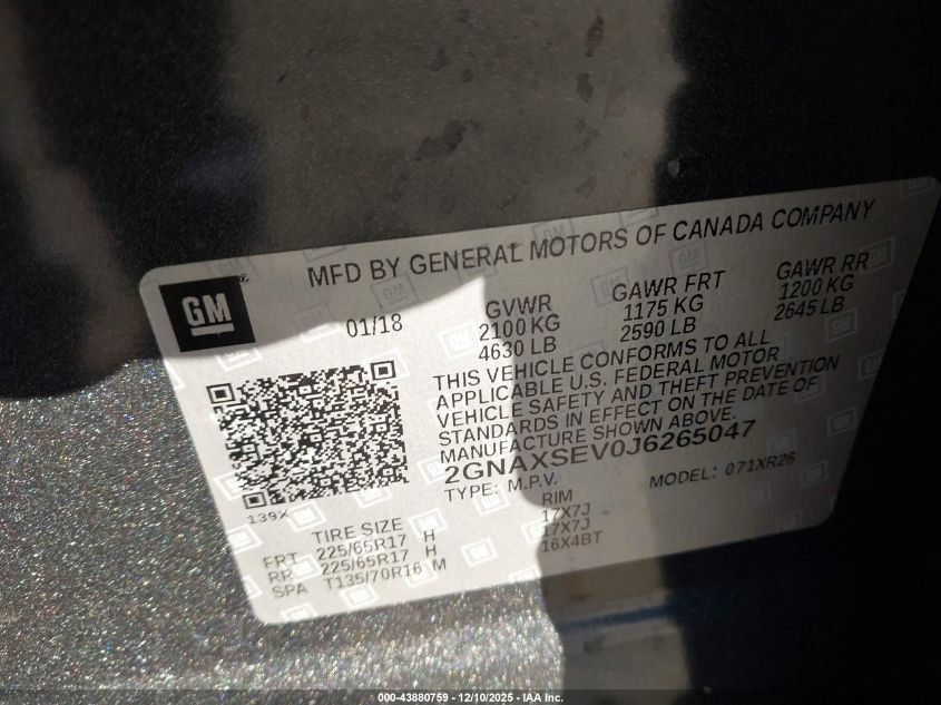 2018 Chevrolet Equinox Lt VIN: 2GNAXSEV0J6265047 Lot: 43880759