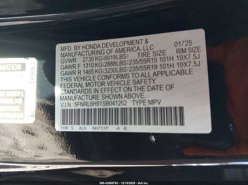 2025 Honda Odyssey Elite VIN: 5FNRL6H91SB041262 Lot: 43880763