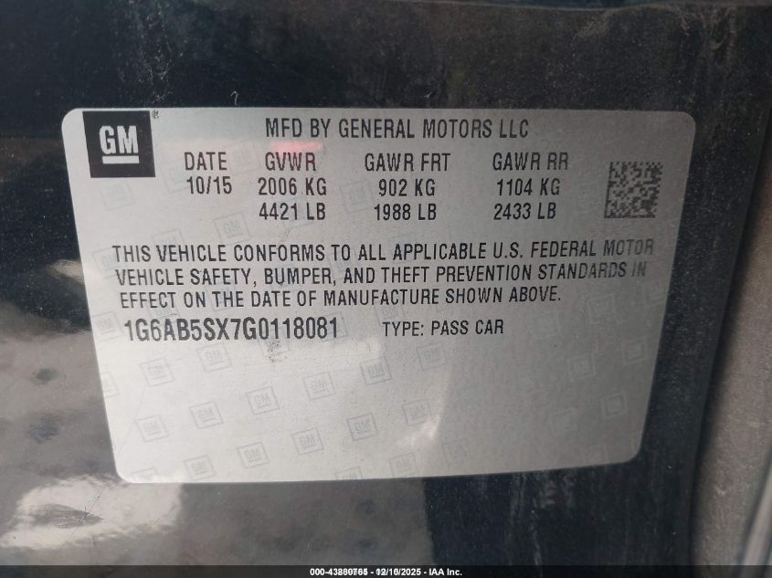 2016 Cadillac Ats Luxury Collection VIN: 1G6AB5SX7G0118081 Lot: 43880765