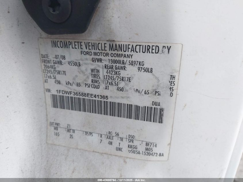 2008 Ford F-350 Chassis Xl/Xlt VIN: 1FDWF36588EE41365 Lot: 43880764