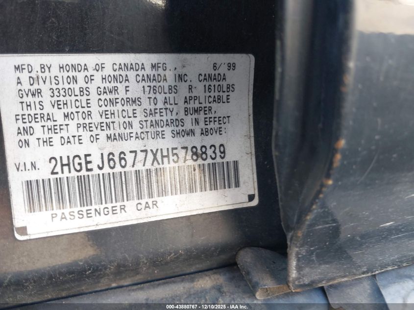 1999 Honda Civic Lx VIN: 2HGEJ6677XH578839 Lot: 43880767