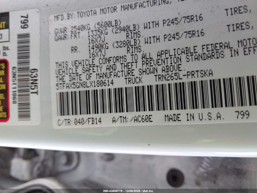 2020 Toyota Tacoma Sr VIN: 5TFAX5GN8LX180614 Lot: 43880778