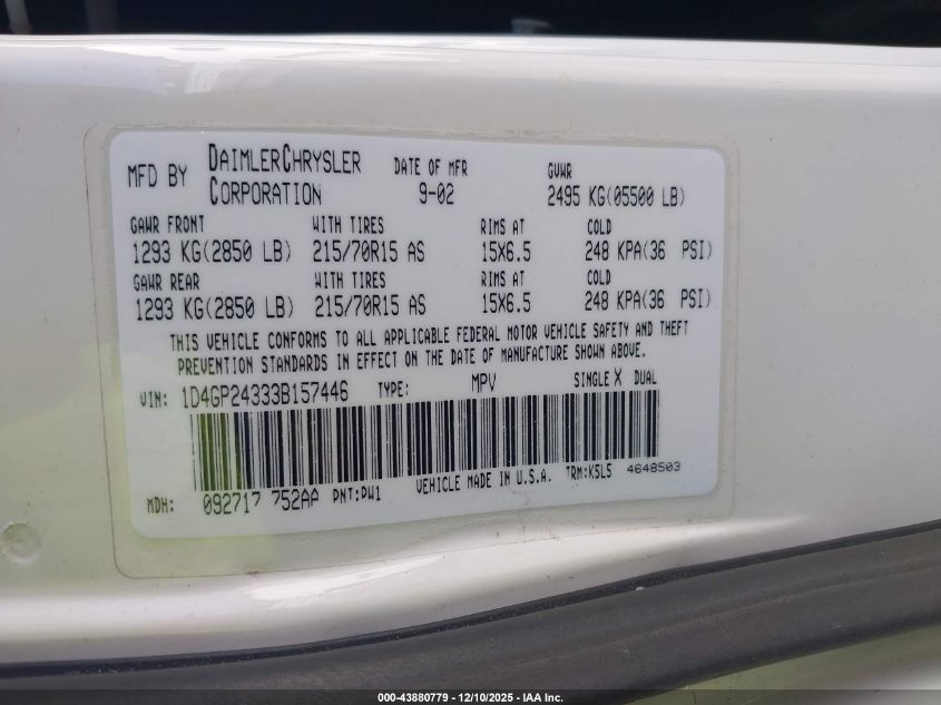 2003 Dodge Grand Caravan Se VIN: 1D4GP24333B157446 Lot: 43880779