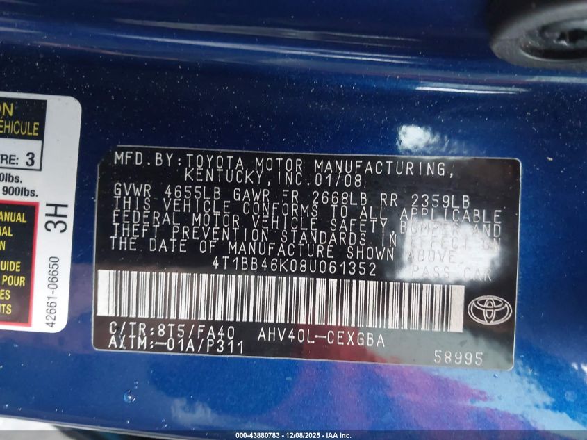 2008 Toyota Camry Hybrid VIN: 4T1BB46K18U861352 Lot: 43880783