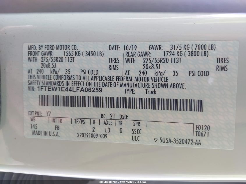2020 Ford F-150 Xlt VIN: 1FTEW1E44LFA06259 Lot: 43880787