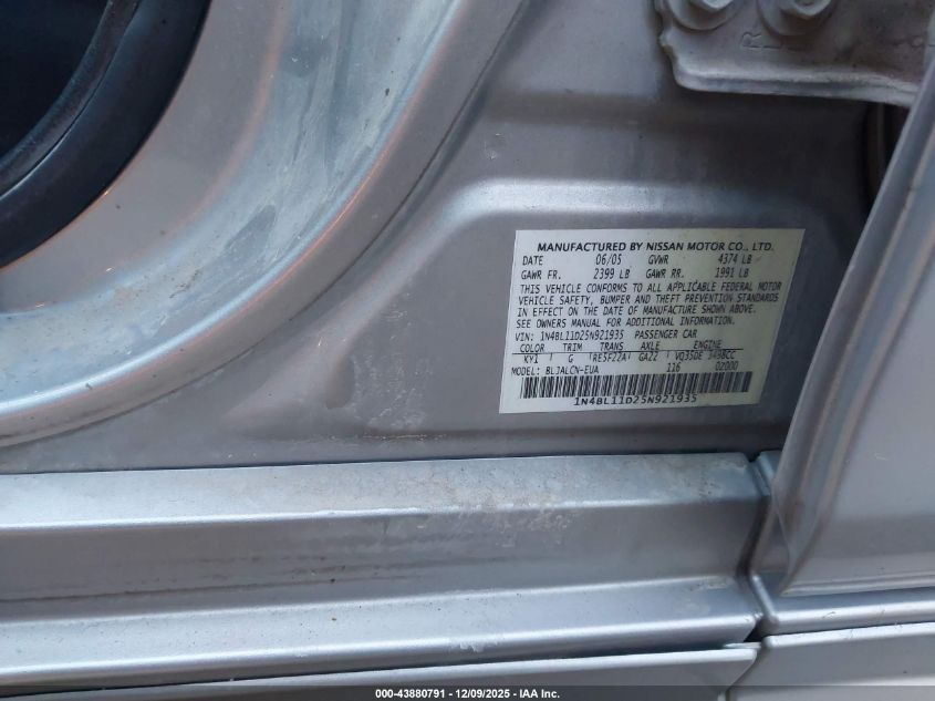 2005 Nissan Altima 3.5 Se VIN: 1N4BL11D25N921935 Lot: 43880791