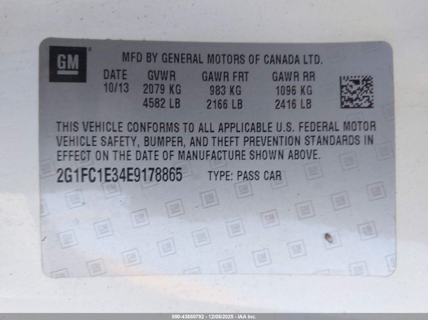 2014 Chevrolet Camaro 2Lt VIN: 2G1FC1E34E9178865 Lot: 43880792