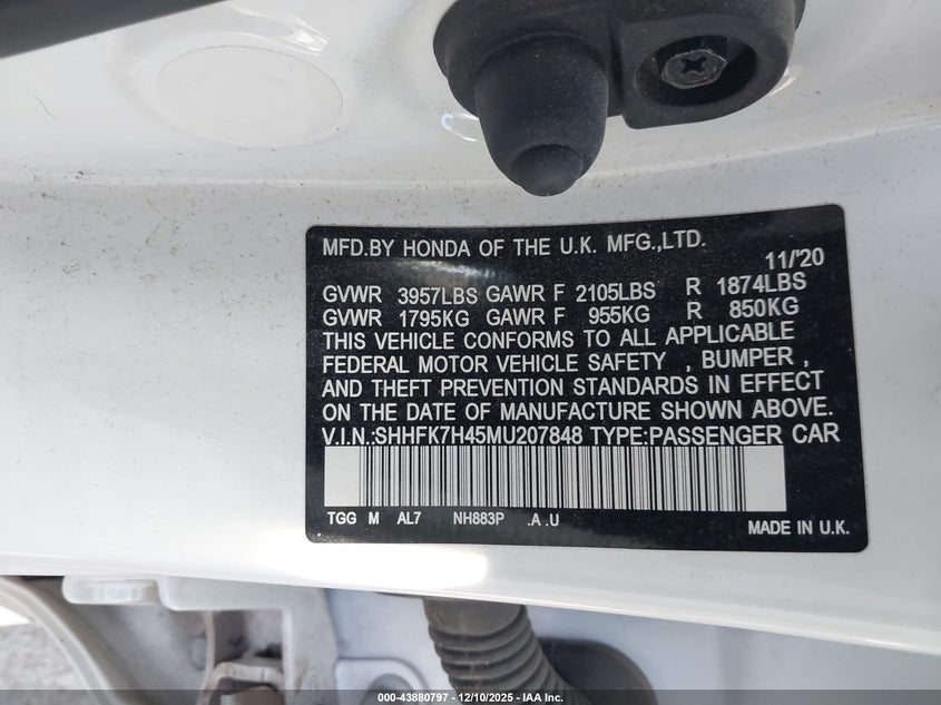 VIN SHHFK7H45MU207848 2021 HONDA CIVIC SPORT