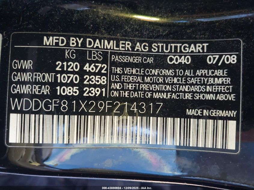 2009 Mercedes-Benz C 300 Luxury 4Matic/Sport 4Matic VIN: WDDGF81X29F214317 Lot: 43880804