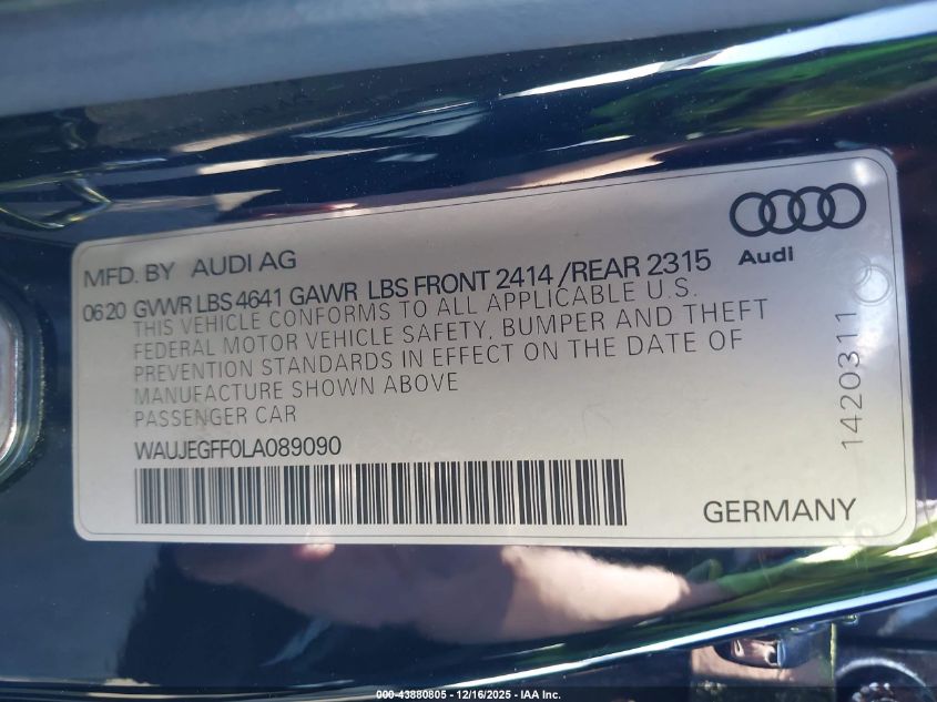 2020 Audi A3 Premium Plus 45 Tfsi S Line Quattro S Tronic VIN: WAUJEGFF0LA089090 Lot: 43880805