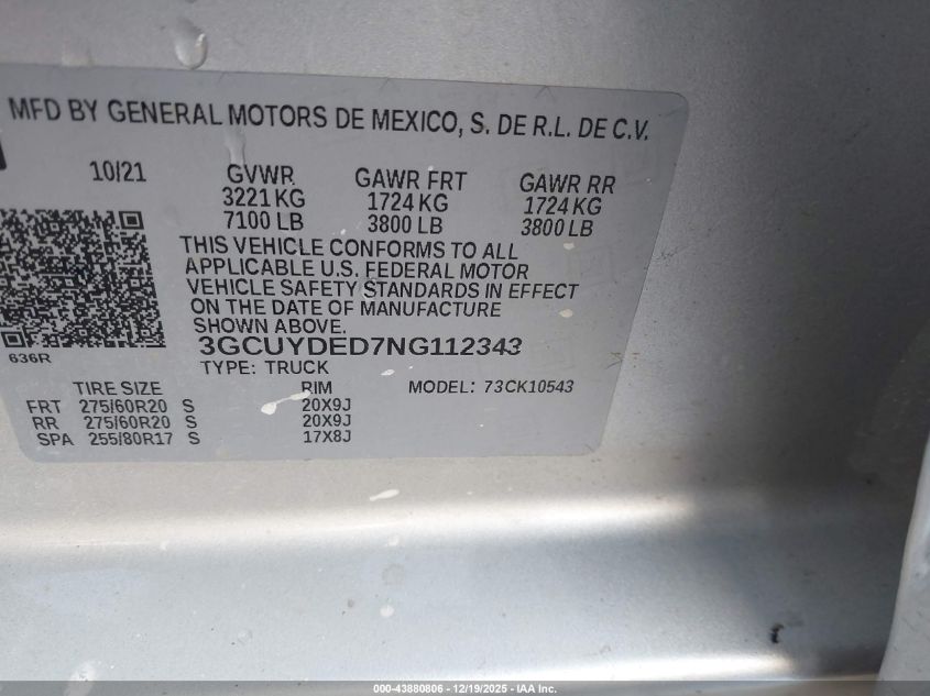 2022 Chevrolet Silverado 1500 Ltd 4Wd Short Bed Lt VIN: 3GCUYDED7NG112343 Lot: 43880806