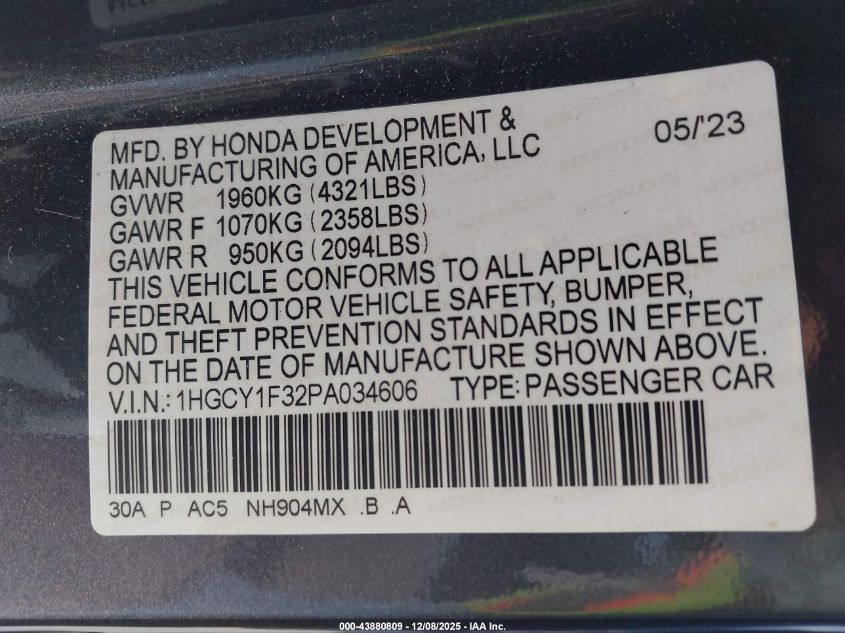 2023 Honda Accord Ex VIN: 1HGCY1F32PA034606 Lot: 43880809