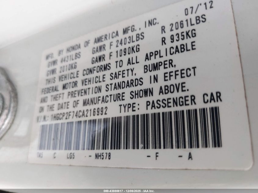 2012 Honda Accord 2.4 Ex VIN: 1HGCP2F74CA216992 Lot: 43880817
