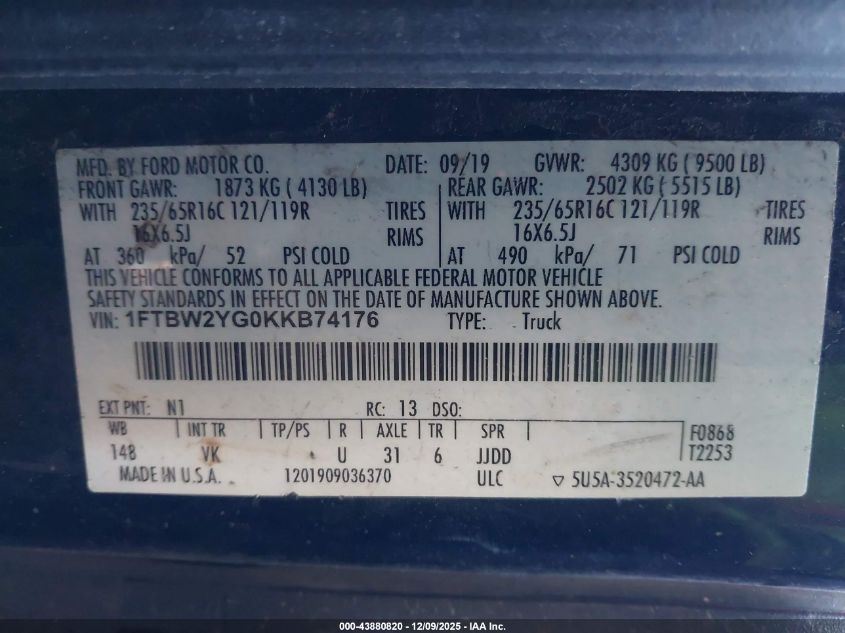 2019 Ford Transit-350 VIN: 1FTBW2YG0KKB74176 Lot: 43880820