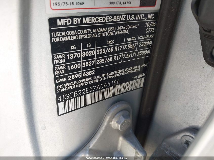 2007 Mercedes-Benz R 320 Cdi 4Matic VIN: 4JGCB22E57A045186 Lot: 43880838