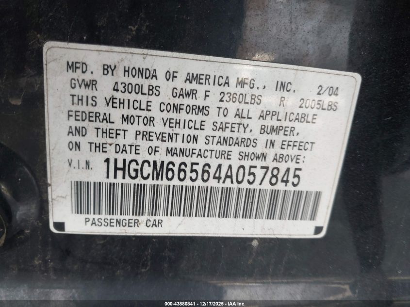 2004 Honda Accord 3.0 Ex VIN: 1HGCM66564A057845 Lot: 43880841