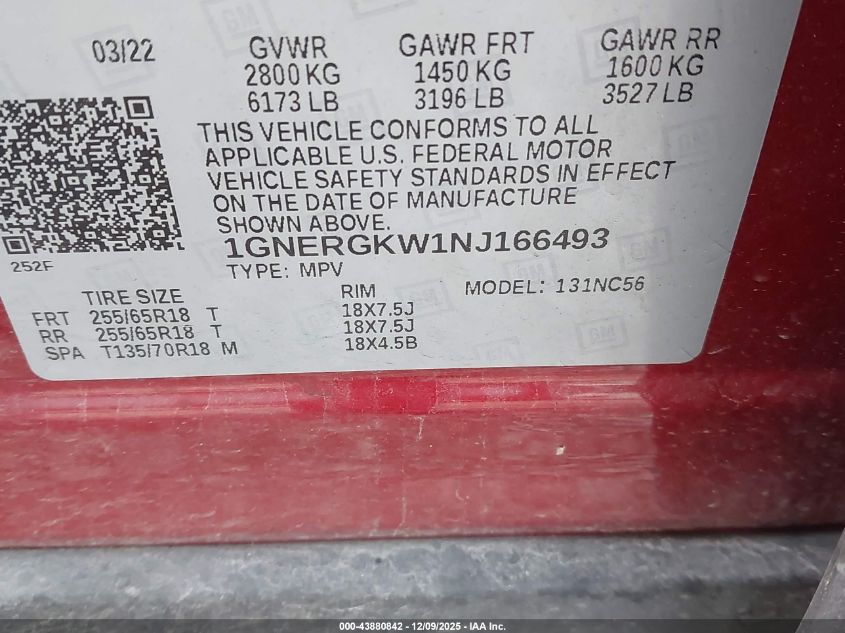 2022 Chevrolet Traverse Fwd Lt Cloth VIN: 1GNERGKW1NJ166493 Lot: 43880842