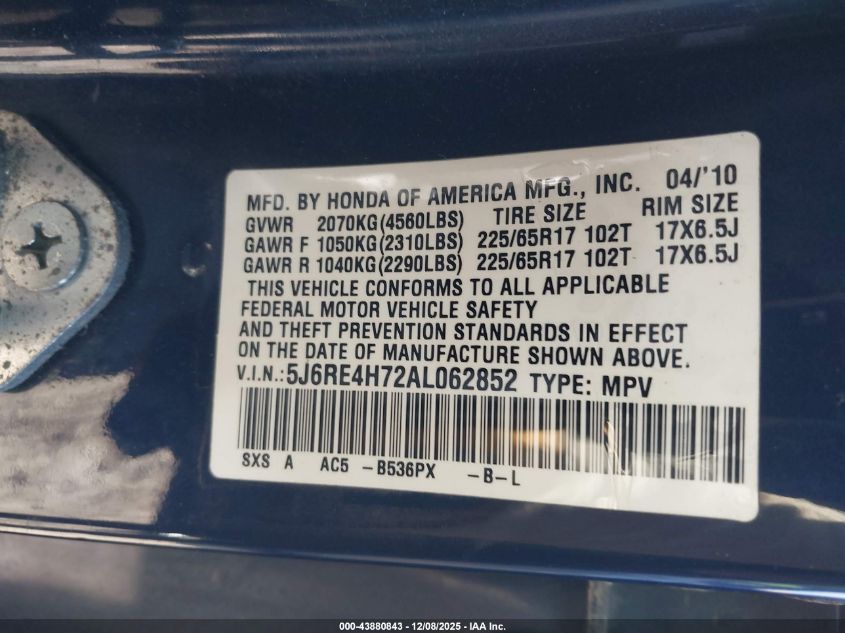 2010 Honda Cr-V Ex-L VIN: 5J6RE4H72AL062852 Lot: 43880843