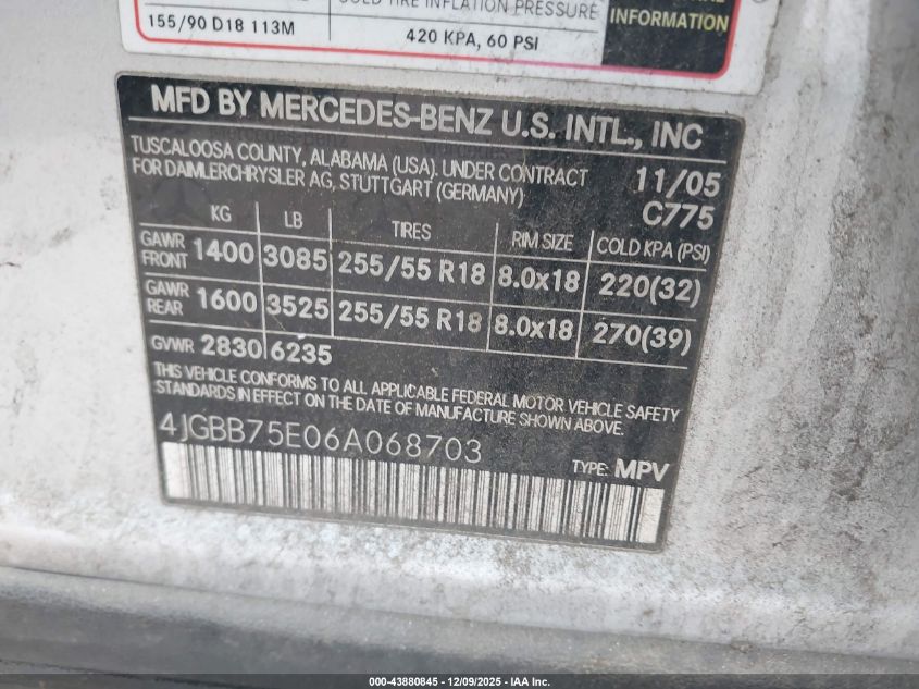 2006 Mercedes-Benz Ml 500 4Matic VIN: 4JGBB75E06A068703 Lot: 43880845