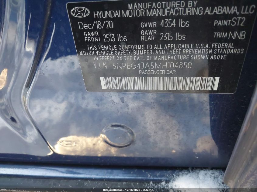 2021 Hyundai Sonata Se VIN: 5NPEG4JA5MH104850 Lot: 43880846