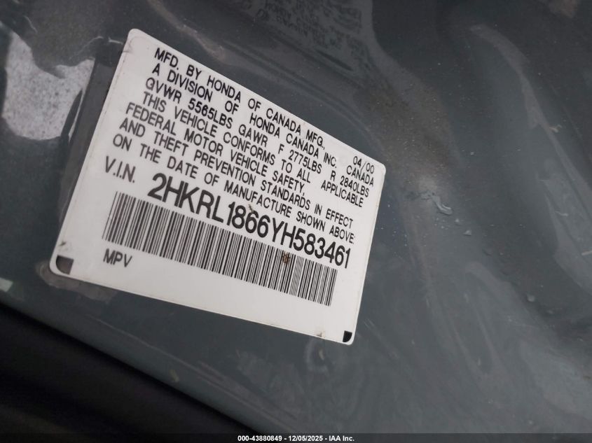 2000 Honda Odyssey Ex VIN: 2HKRL1866YH583461 Lot: 43880849