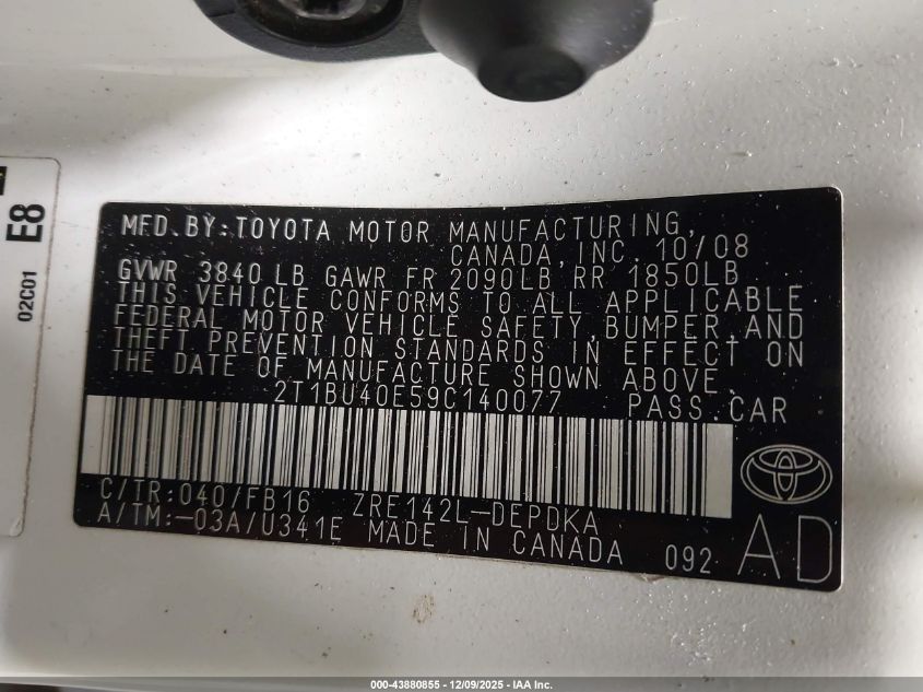 2009 Toyota Corolla Le VIN: 2T1BU40E59C140077 Lot: 43880855