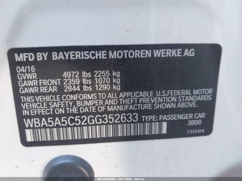 2016 BMW 528I VIN: WBA5A5C52GG352633 Lot: 43880856