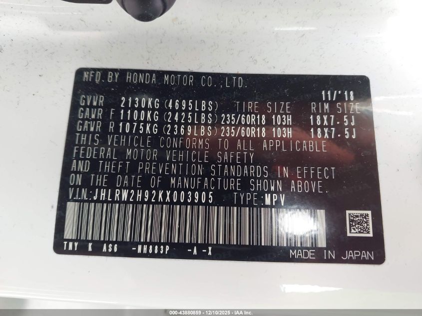 2019 Honda Cr-V Touring VIN: JHLRW2H92KX003905 Lot: 43880859