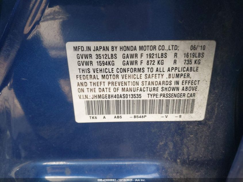 2010 Honda Fit Sport VIN: JHMGE8H40AS013535 Lot: 43880863