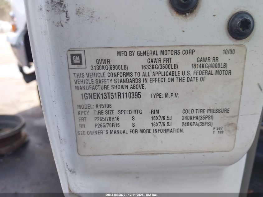 2001 Chevrolet Tahoe Lt VIN: 1GNEK13T51R110395 Lot: 43880870