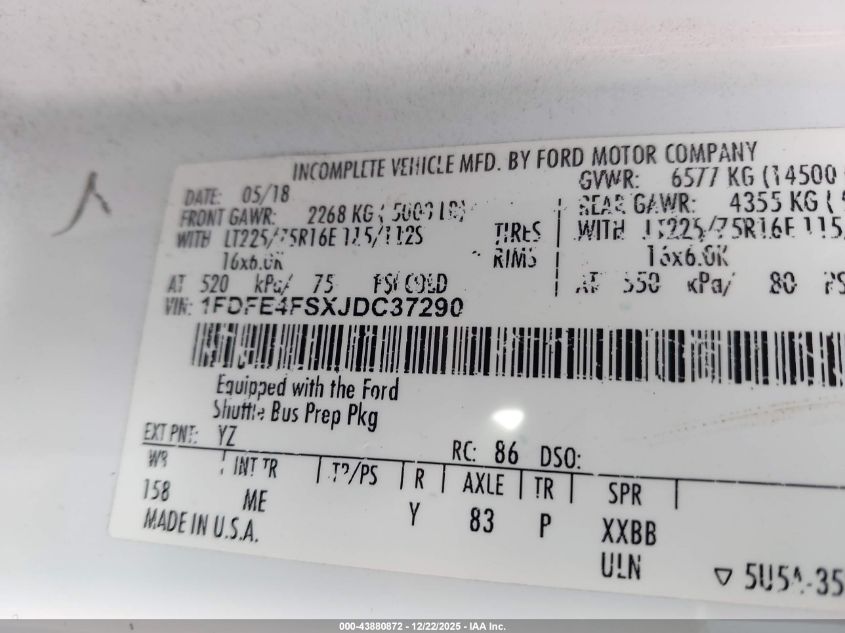 2018 Ford E-450 Cutaway VIN: 1FDFE4FSXJDC37290 Lot: 43880872