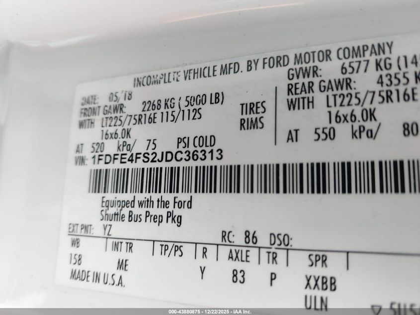 2018 Ford E-450 Cutaway VIN: 1FDFE4FS2JDC36313 Lot: 43880875