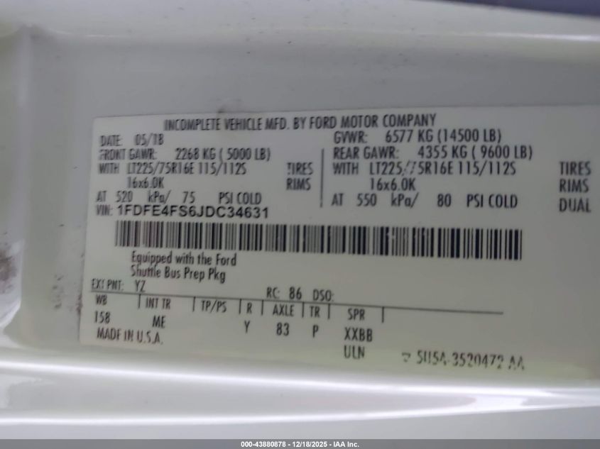 2018 Ford E-450 Cutaway VIN: 1FDFE4FS6JDC34631 Lot: 43880878