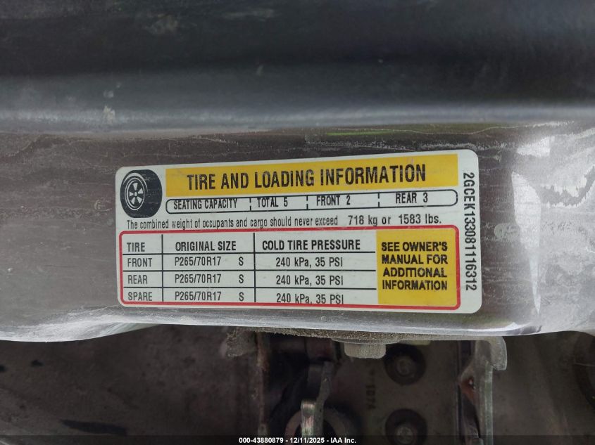 2008 Chevrolet Silverado 1500 Lt2 VIN: 2GCEK133081116312 Lot: 43880879