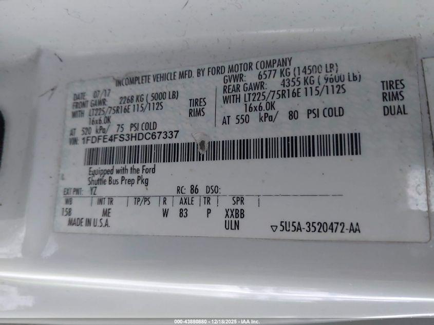 2017 Ford E-450 Cutaway VIN: 1FDFE4FS3HDC67337 Lot: 43880880