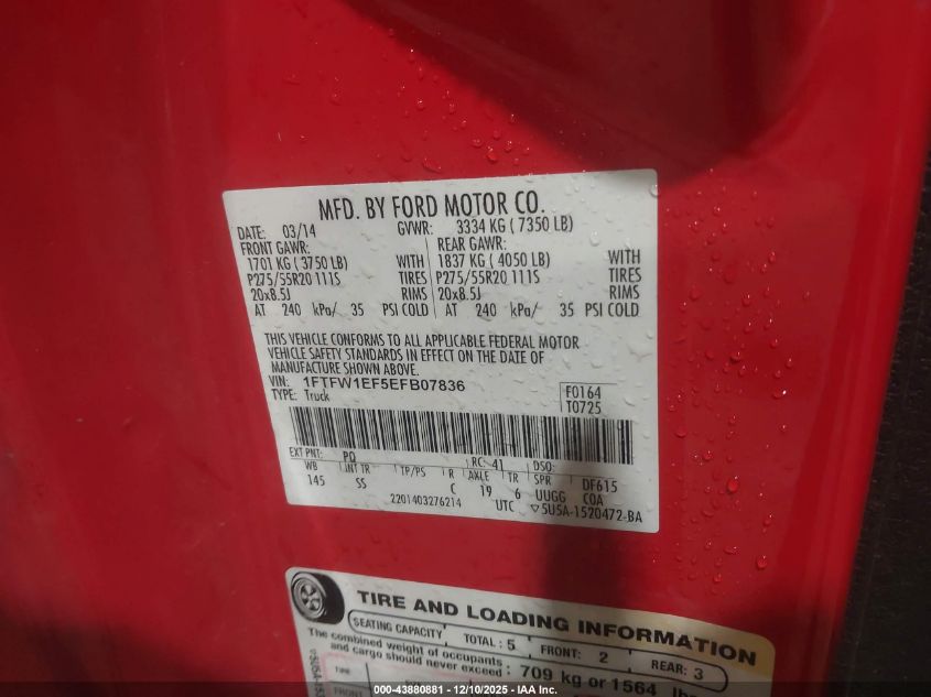 2014 Ford F-150 Stx VIN: 1FTFW1EF5EFB07836 Lot: 43880881