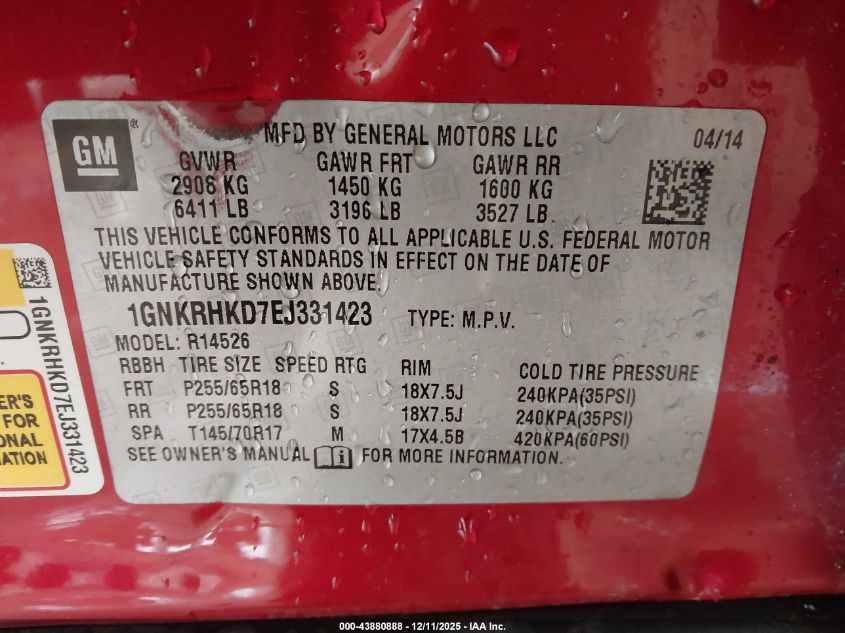 2014 Chevrolet Traverse 2Lt VIN: 1GNKRHKD7EJ331423 Lot: 43880888