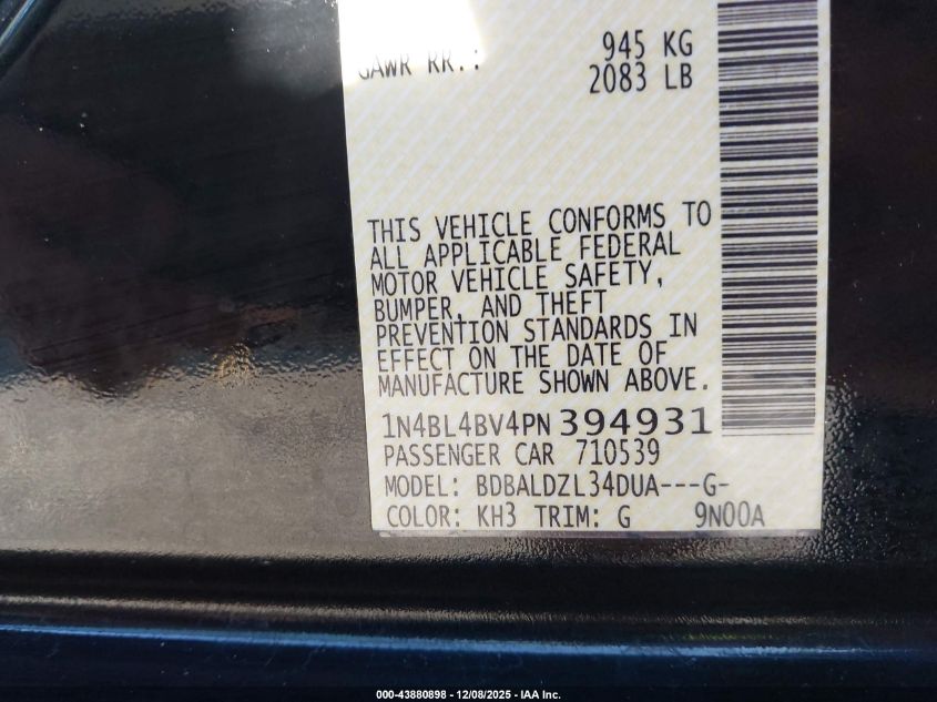 2023 Nissan Altima S Fwd VIN: 1N4BL4BV4PN394931 Lot: 43880898