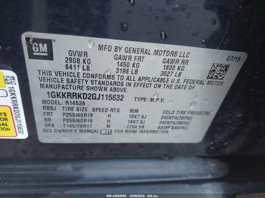 2016 GMC Acadia Slt-1 VIN: 1GKKRRKD2GJ115632 Lot: 43880900