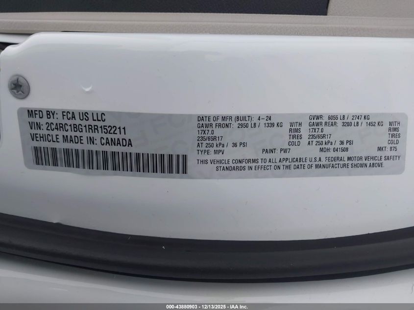 2024 Chrysler Pacifica Touring L VIN: 2C4RC1BG1RR152211 Lot: 43880903