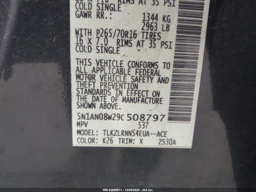2009 Nissan Xterra S VIN: 5N1AN08W29C508797 Lot: 43880911