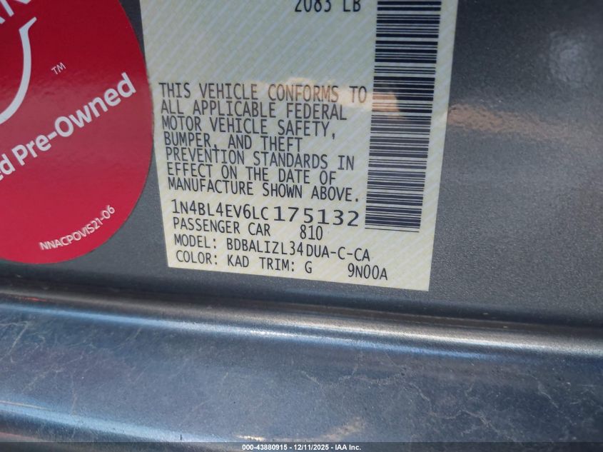 2020 Nissan Altima Sl Fwd VIN: 1N4BL4EV6LC175132 Lot: 43880915