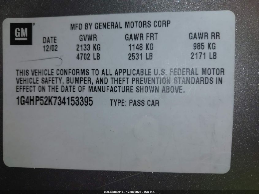 2003 Buick Lesabre Custom VIN: 1G4HP52K734153395 Lot: 43880916