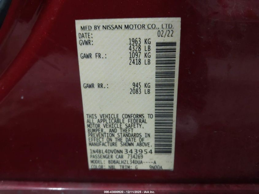 2022 Nissan Altima Sv Fwd VIN: 1N4BL4DV0NN343954 Lot: 43880920